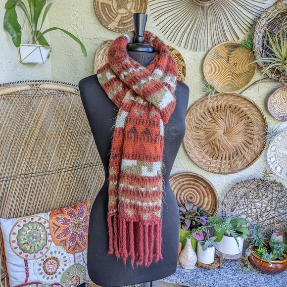Urban Outfitters Rust Orange Red Winter Scarf Super Long Aztec Fuzzy Knit - Picture 6 of 16